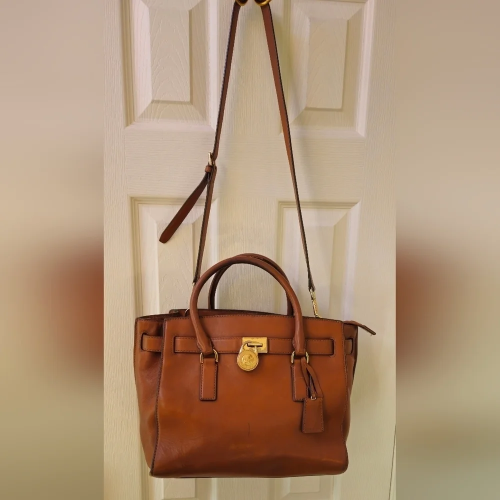 Michael Kors Hamilton Brown Leather Satchel with Gold Accents